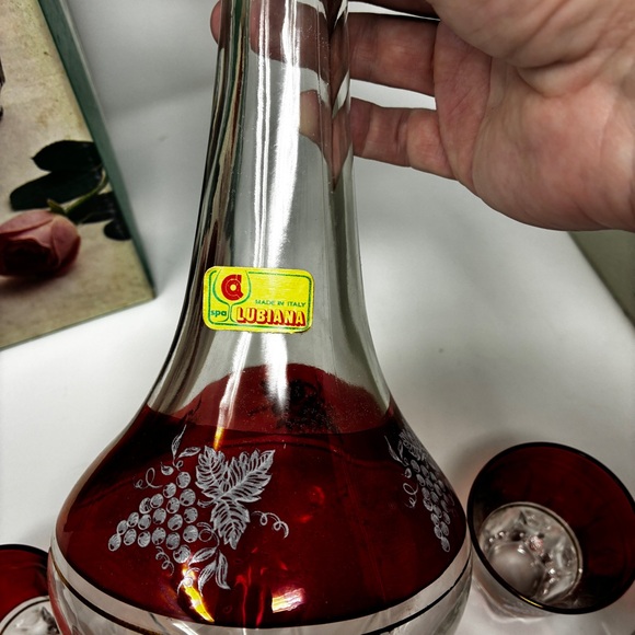 Lubiana Made in Italy Crystal Decanter Set 7-Piece Grape Motive Vintage Bohemian - Picture 6 of 8